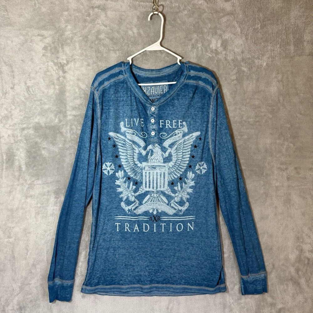 AXR Xzavier Shirt Mens 2XL Blue Long Sleeve Gothic Y2K Skulls Wings Biker 2X